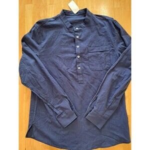 Men’s Size M Cotton & Flax Button Up Long Sleeve Shirt Navy Blue Band Collar NWT
